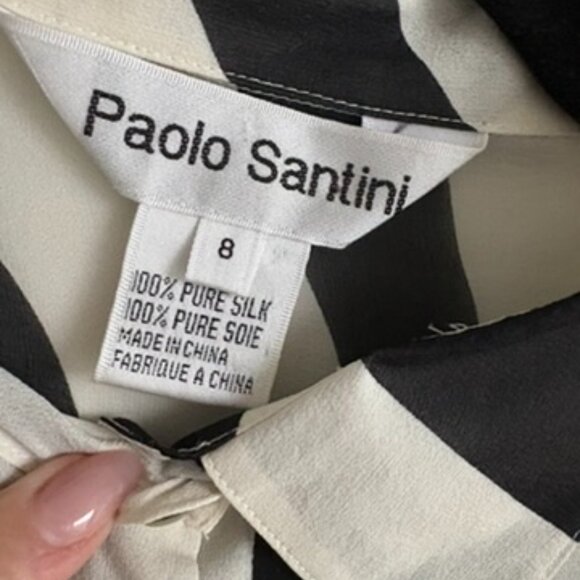Paolo Santini 100% Silk Blouse Size 8 Black Cream Graphic Sheer Button-Up - Picture 3 of 10